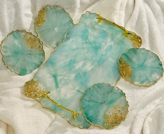 Green and gold resin coaster and tray set